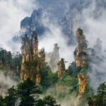 Misty sandstone pillar mountains in Zhangjiajie National Forest Park, China