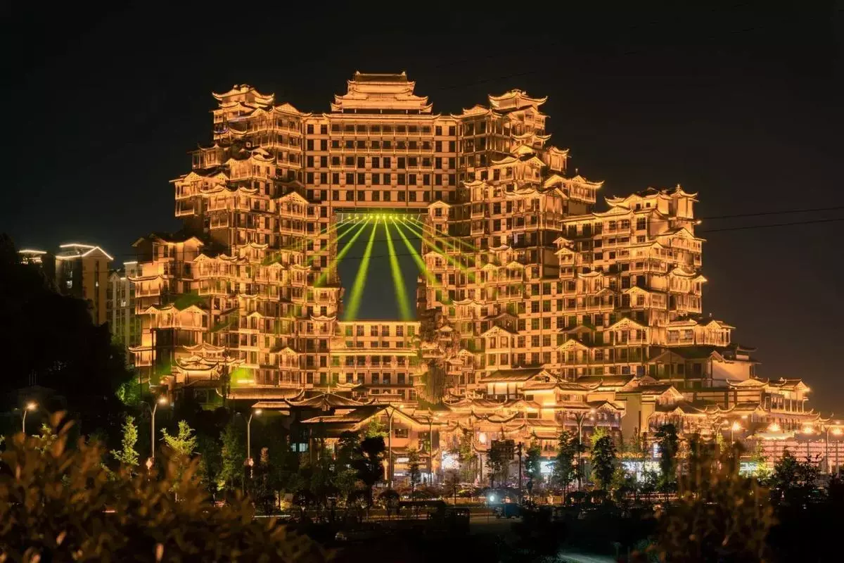 72 Wonder Tower Zhangjiajie light show with illuminated tower architecture at night