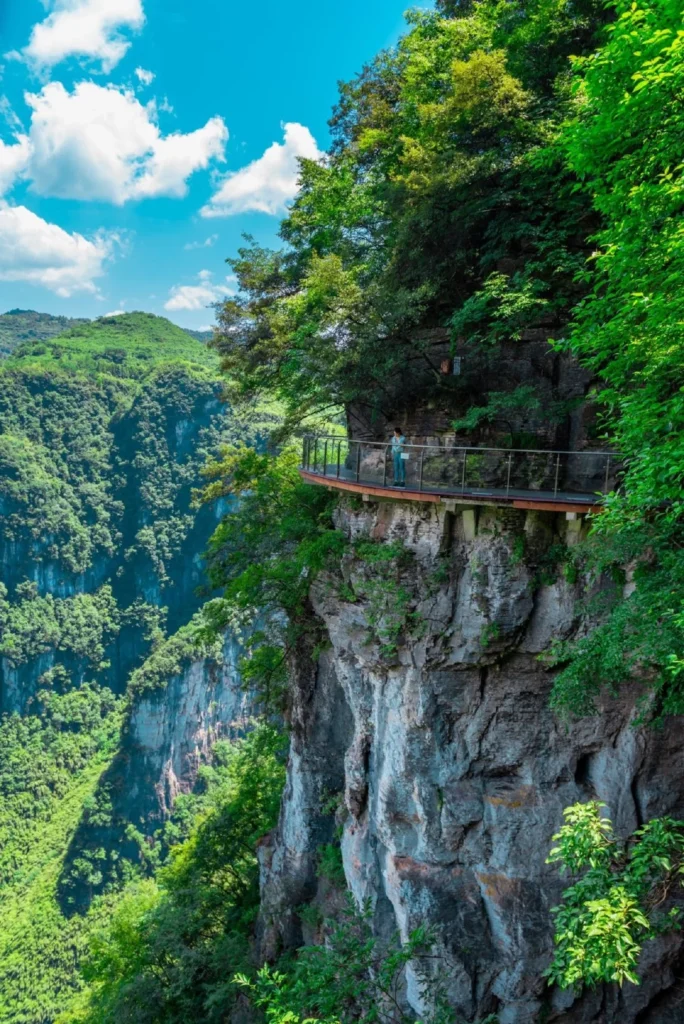 Aizhai Wonders Tourist Area cliffside glass walkway with canyon views, green mountains and blue sky.