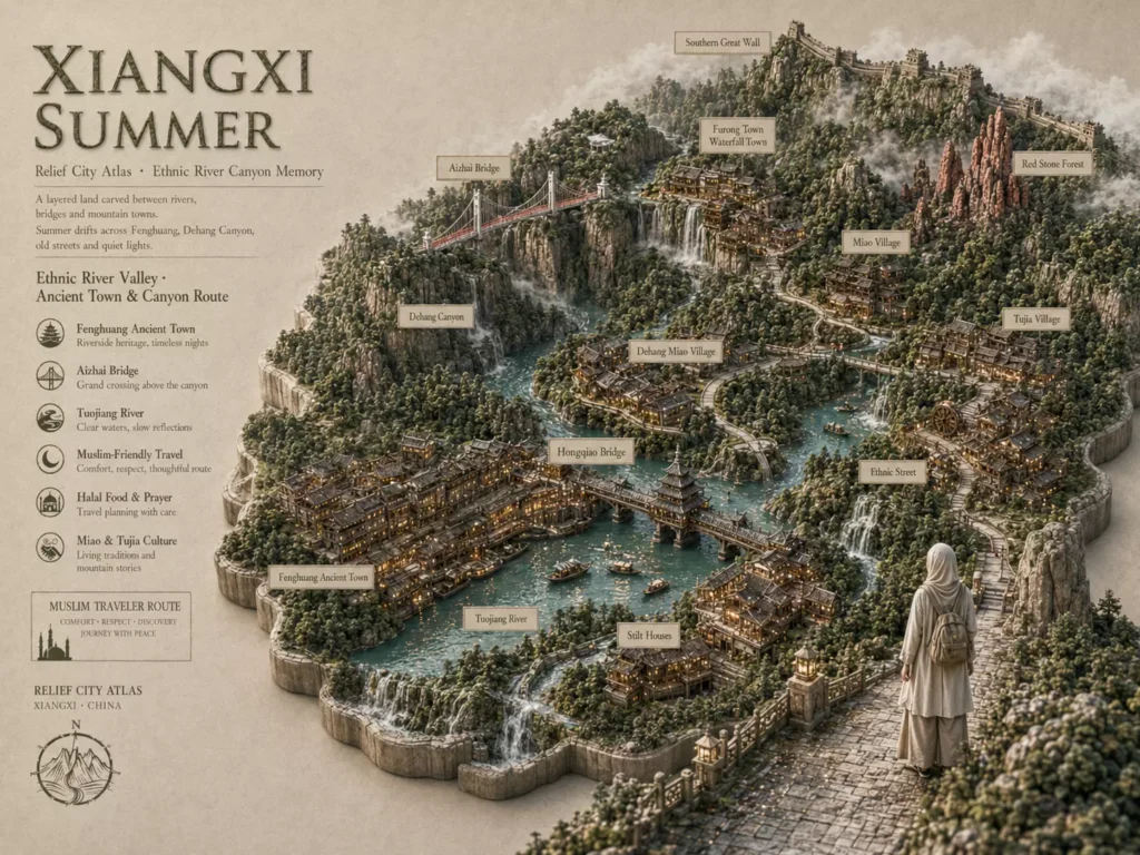China Travel Tips for Muslim travelers exploring Xiangxi, Fenghuang Ancient Town, Aizhai Bridge and halal planning