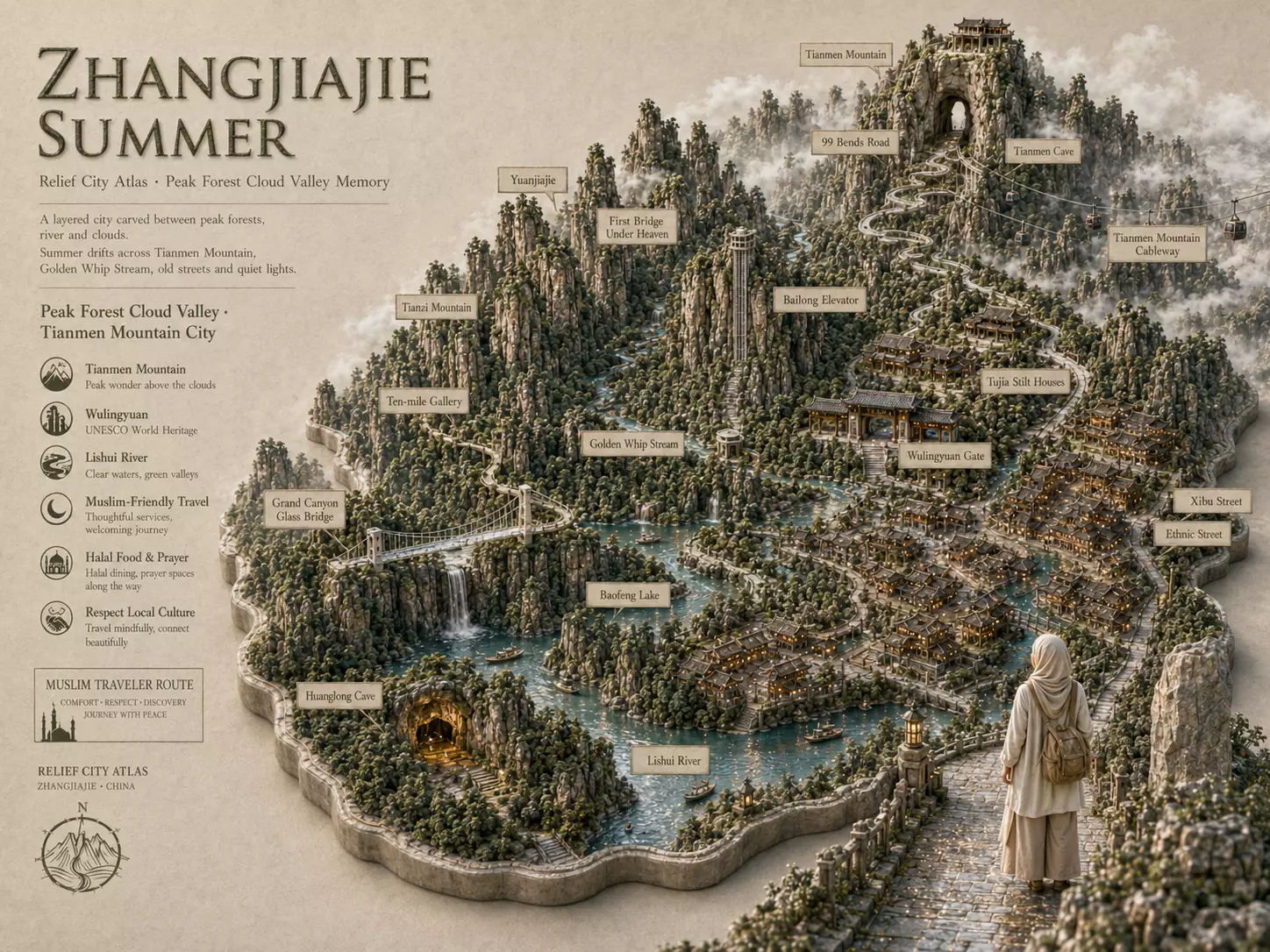 China Travel Tips for Muslim travelers planning Zhangjiajie routes, halal food, prayer time and scenic transport