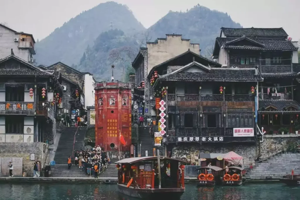 Biancheng Chadong old street with red tower and traditional Xiangxi buildings