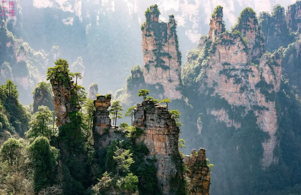 zhangjiajie mountains with Tianmen Mountain cableway, winding road and dramatic cliff scenery