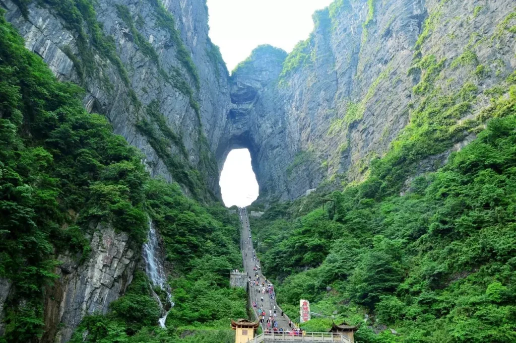 zhangjiajie mountains with Tianmen Cave, steep stairway and green cliff scenery