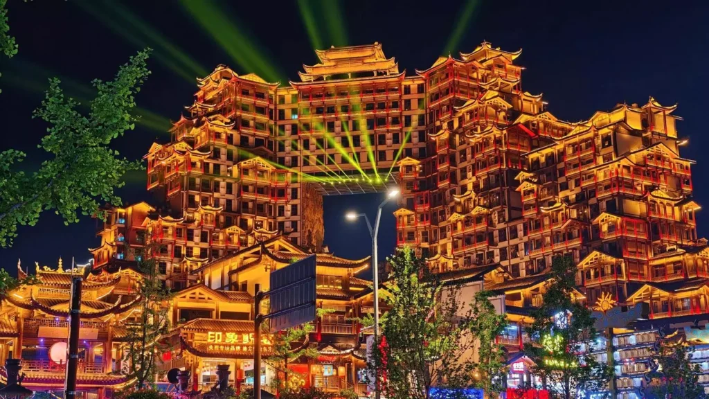 zhangjiajie china 72 Wonder Tower illuminated at night with colorful lights