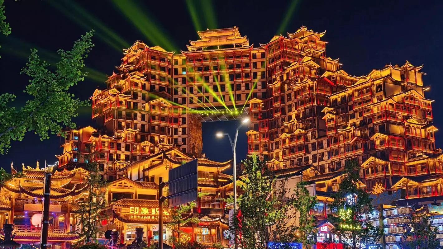 zhangjiajie china 72 Wonder Tower illuminated at night with colorful lights
