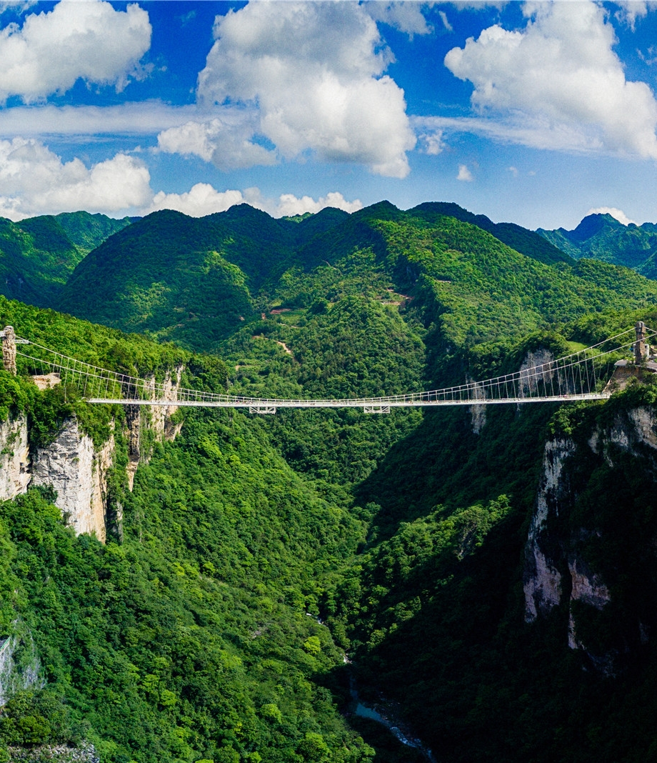 zhangjiajie grand canyon glass bridge panoramic view above green mountain valley