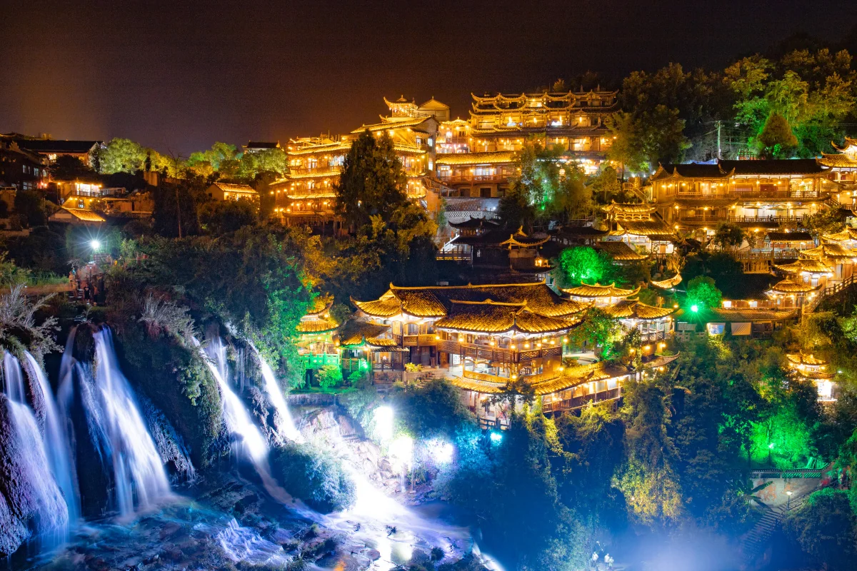Furong Town waterfall night view for Fenghuang or Furong Town route comparison