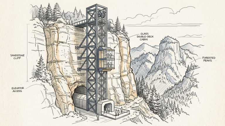 Bailong Elevator glass lift built against a Zhangjiajie cliff, lower shaft in rock, upper steel tower