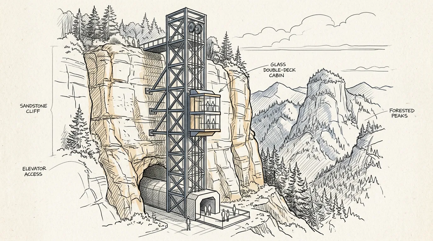Bailong Elevator glass lift built against a Zhangjiajie cliff, lower shaft in rock, upper steel tower