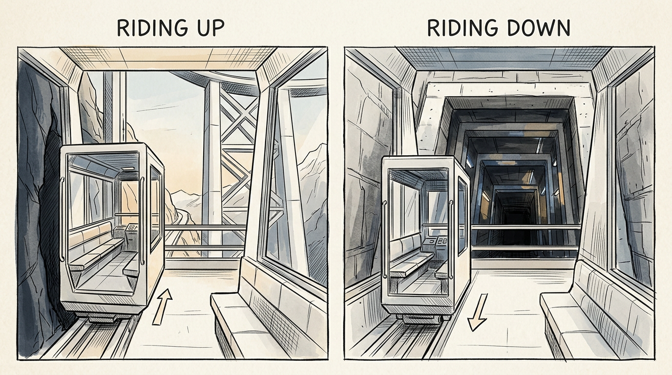 Bailong Elevator up versus down comparison showing the open cliff reveal ascending and enclosed shaft descending