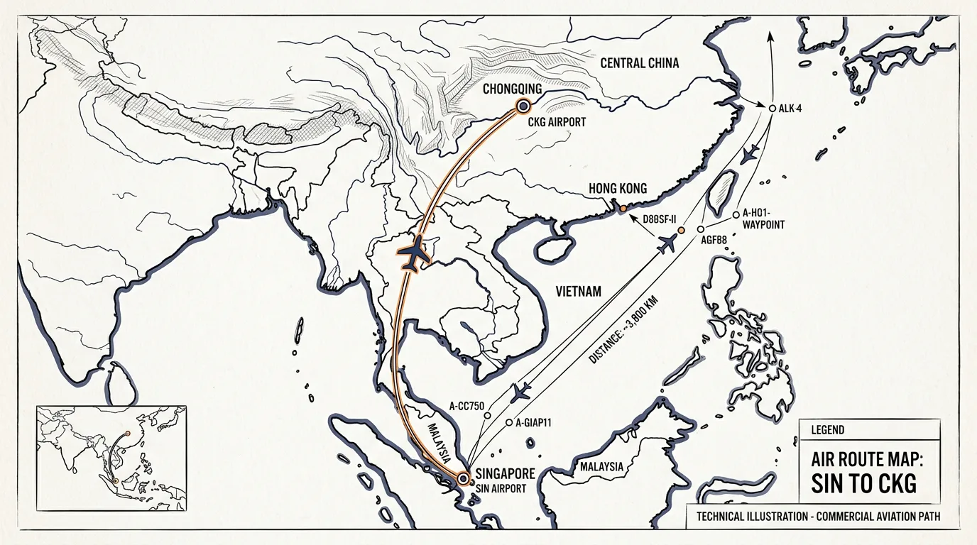 Singapore to Zhangjiajie direct flight route shown as a single air arc