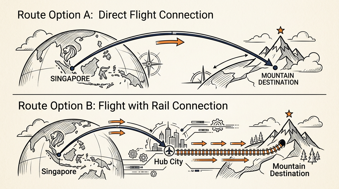 Comparing the Singapore to Zhangjiajie direct flight against the Changsha hub and train route