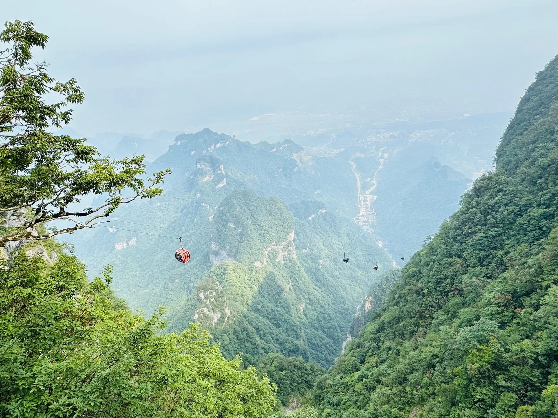 tianzi mountain cable cars crossing a green Zhangjiajie valley from a high viewpoint