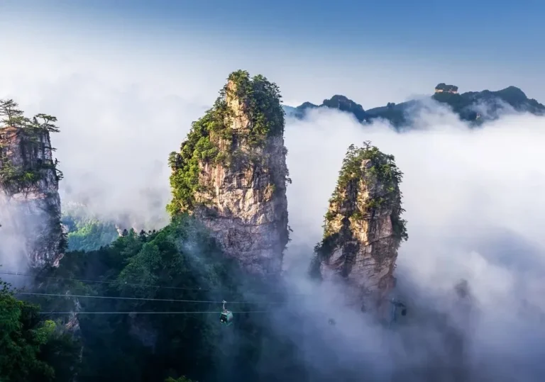 tianzi mountain misty sandstone peaks with cable cars in Zhangjiajie National Forest Park