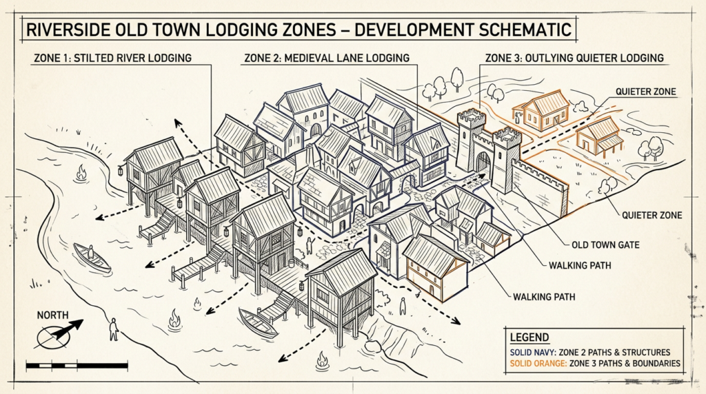 Map of where to stay in Fenghuang Ancient Town across riverside, lane, and outside-gate zones