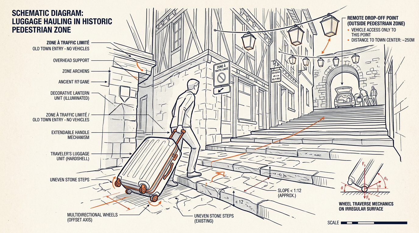 Traveler carrying luggage over stone steps when choosing where to stay in Fenghuang Ancient Town