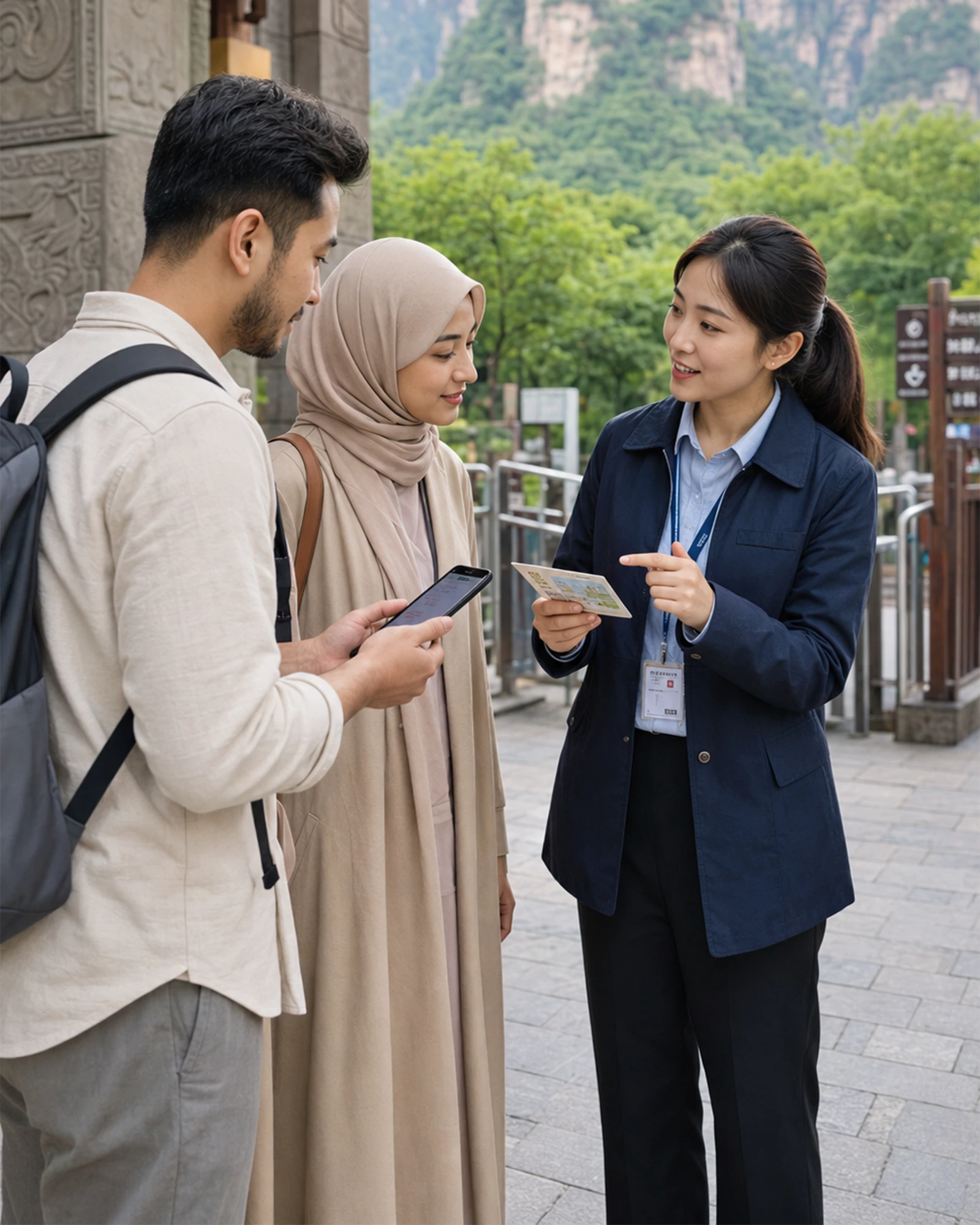 Female English-speaking guide going over the day's plan with a hijab-wearing traveler in Zhangjiajie