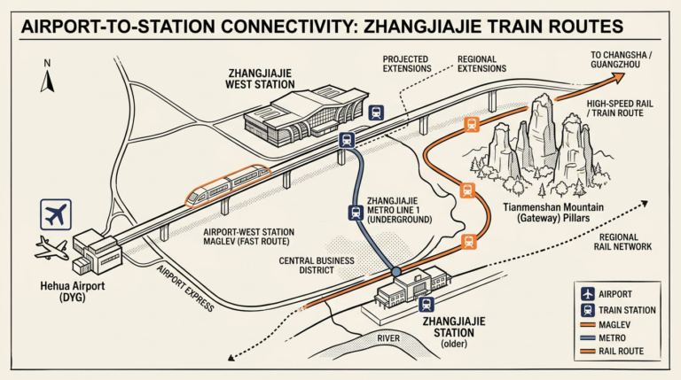 Changsha to Zhangjiajie transfer routes from Huanghua Airport through both rail stations
