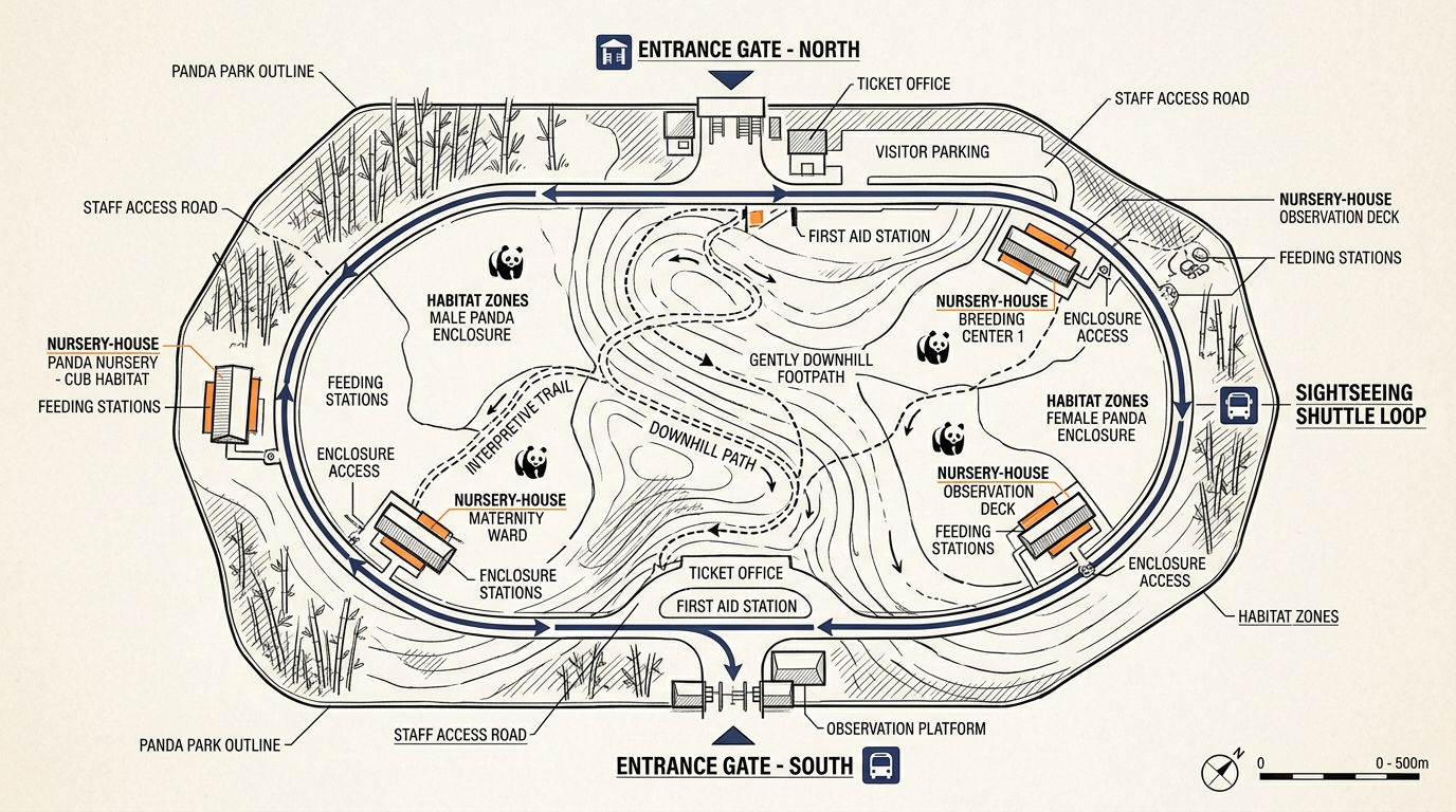 Overhead layout of the Chengdu Panda Base gates and shuttle route