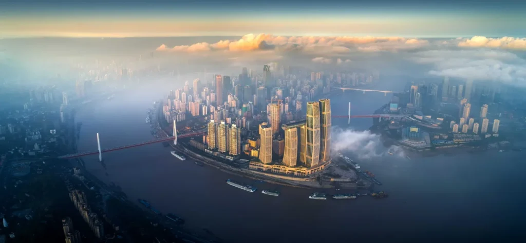 Aerial view of the Chongqing Yuzhong peninsula between the Yangtze and Jialing rivers at dawn