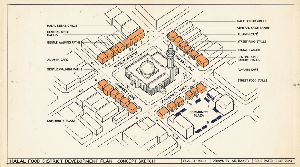 Map of the Qingyang cluster of halal food in Chengdu around Huangcheng Mosque