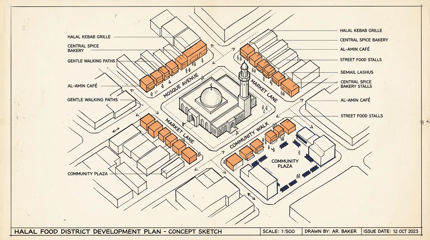 Map of the Qingyang cluster of halal food in Chengdu around Huangcheng Mosque