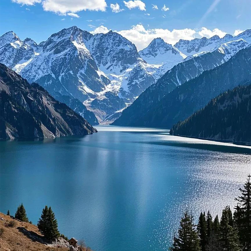 Alpine water and snow-capped Tianshan peaks at the Heavenly Lake near Urumqi
