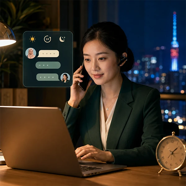 Travel support specialist answering a guest call with chat messages on screen