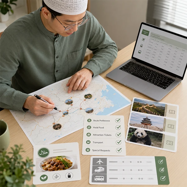 Travel planner confirming a China itinerary with a map and laptop
