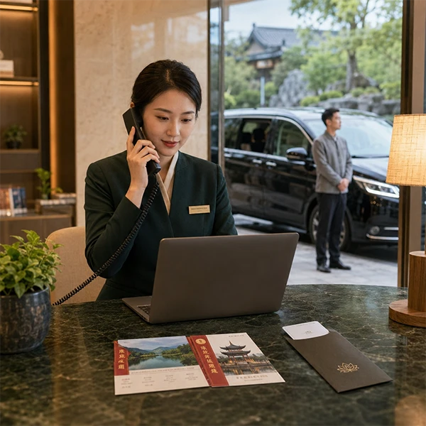 China travel specialist preparing practical route options by phone and laptop