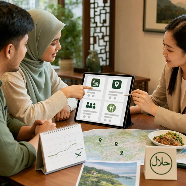 Muslim travelers reviewing halal dining and transport needs with a planner