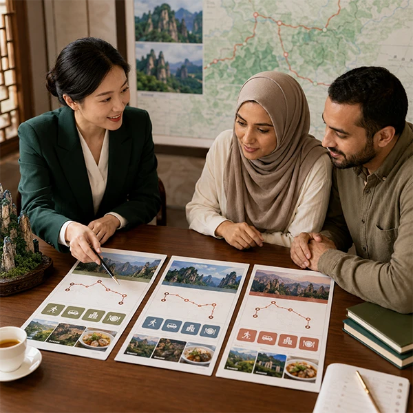 Muslim couple discussing China travel ideas with a local trip planner