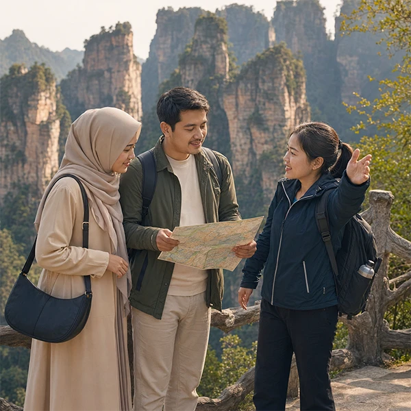 Muslim couple reviewing a scenic route with a local guide in Zhangjiajie