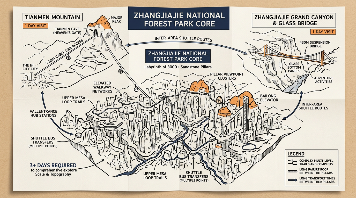 Map sketch showing how many days in Zhangjiajie the forest park and separate add-on sites need