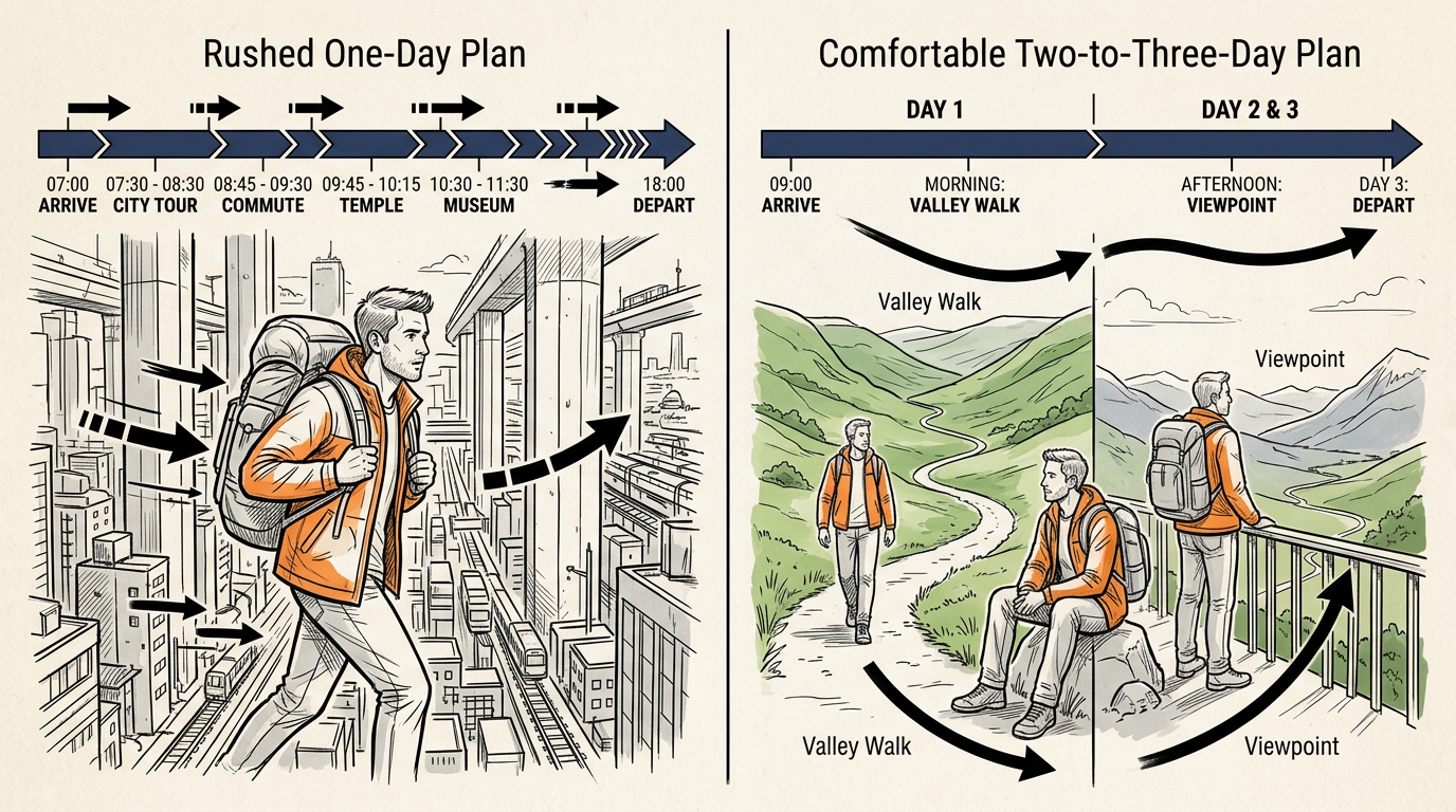 Comparison sketch of how many days in Zhangjiajie a rushed versus comfortable trip takes