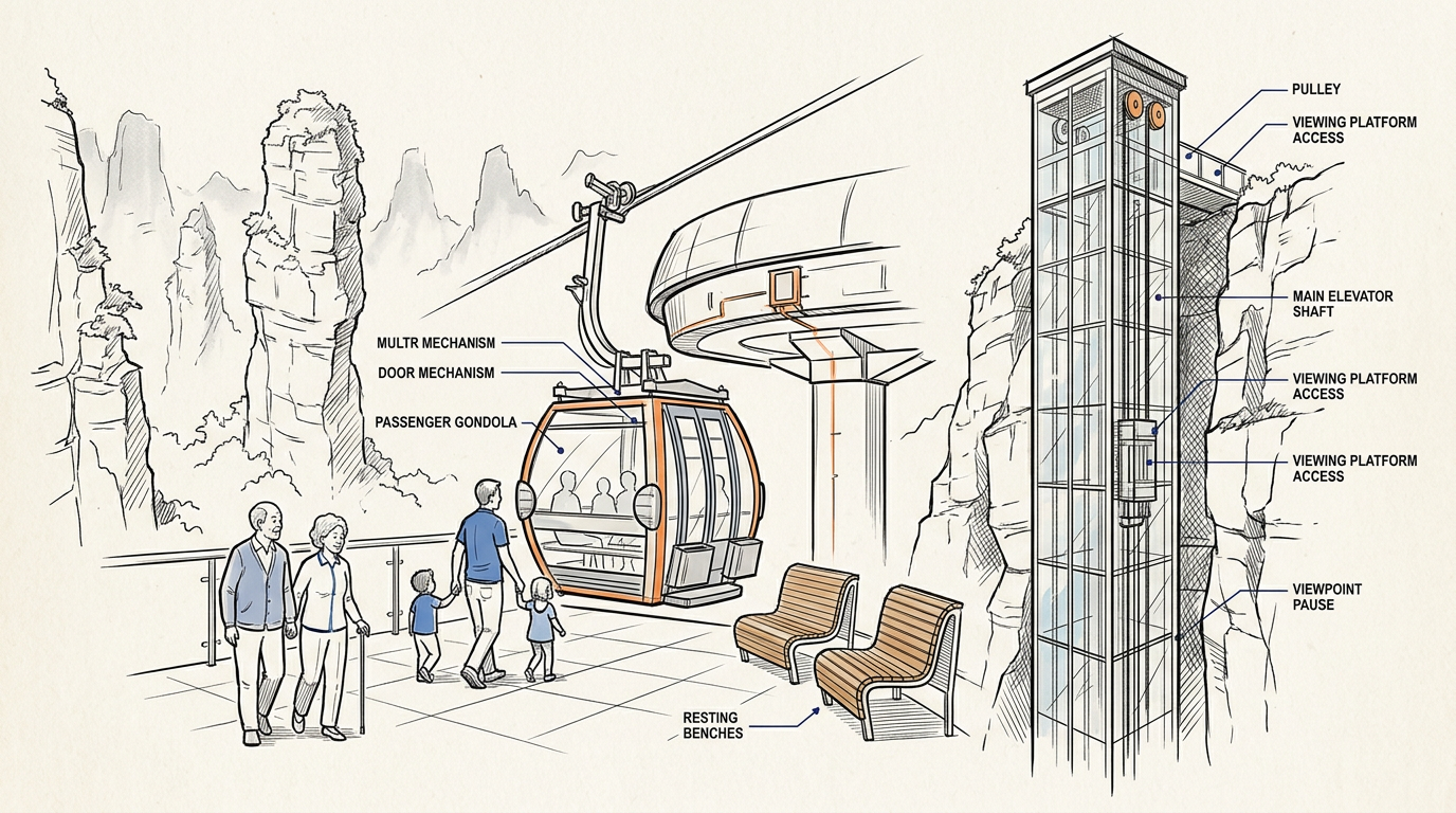 Field sketch of a family using cable cars to manage how many days in Zhangjiajie they need