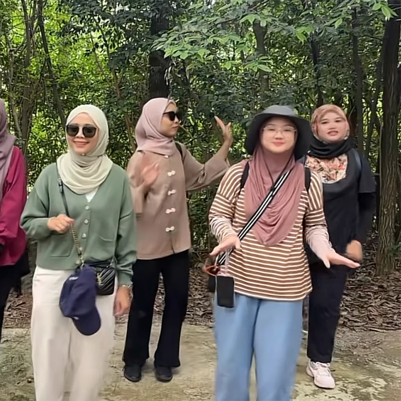 Muslim ladies' group walking forest boardwalks on a Jiuzhaigou tour