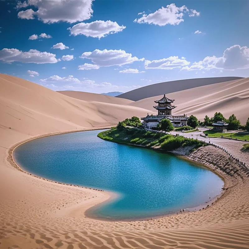 Mingsha Mountain sand dunes and Crescent Spring oasis in Dunhuang