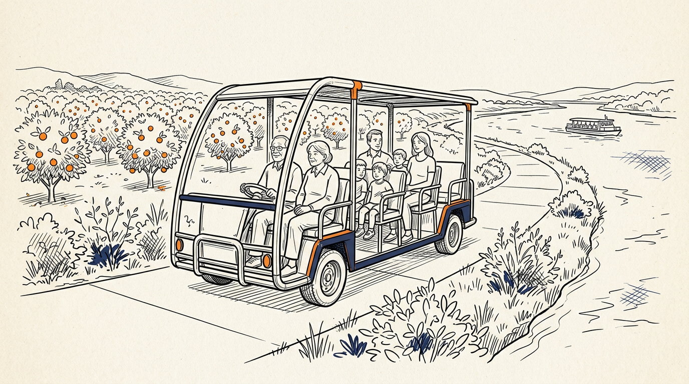 Sightseeing train on Orange Isle carrying a family along the flat paved riverside path