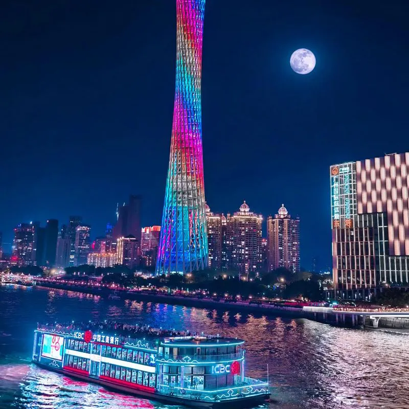 Pearl River night cruise past the illuminated Guangzhou skyline