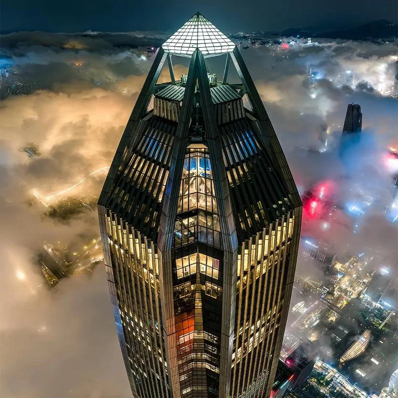 View over the Futian skyline from the Ping An Finance Center observation deck, Shenzhen