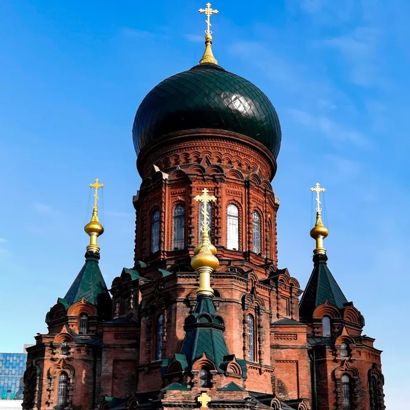 Green-domed Saint Sophia Cathedral on its plaza in Harbin