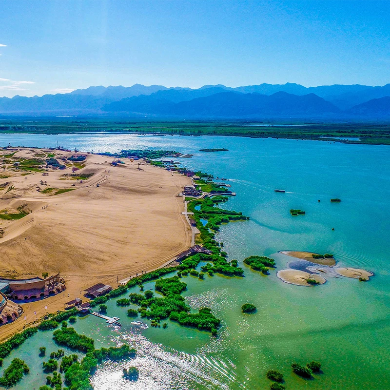 Shahu Lake where sand dunes meet reeds and water near Yinchuan