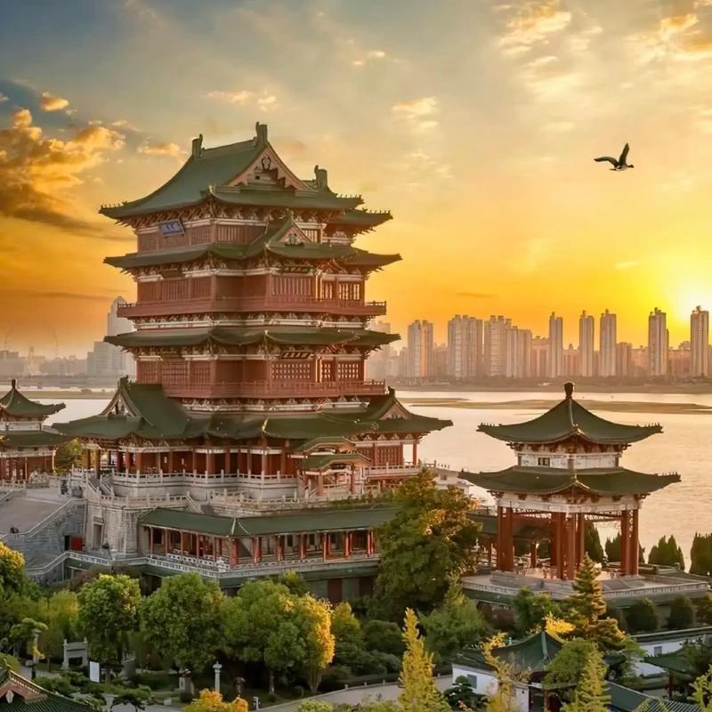 Tengwang Pavilion above the Gan River in Nanchang at sunset