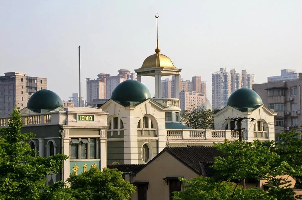 Green domes of Xiaotaoyuan Mosque, the largest mosque in Shanghai, near Yu Garden