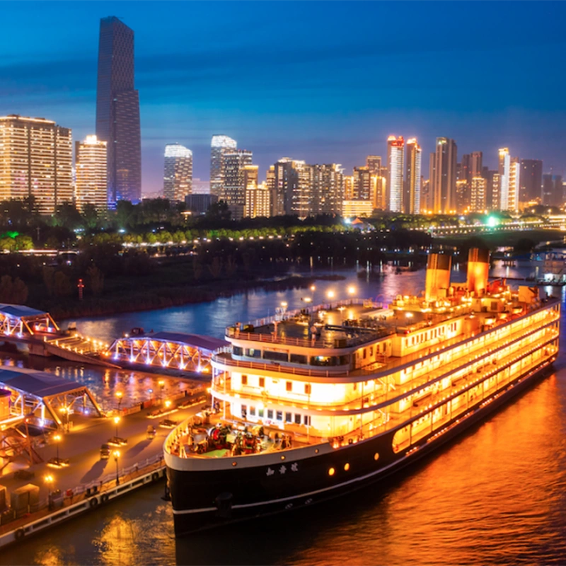 Illuminated skyline seen from a Yangtze River night cruise in Wuhan