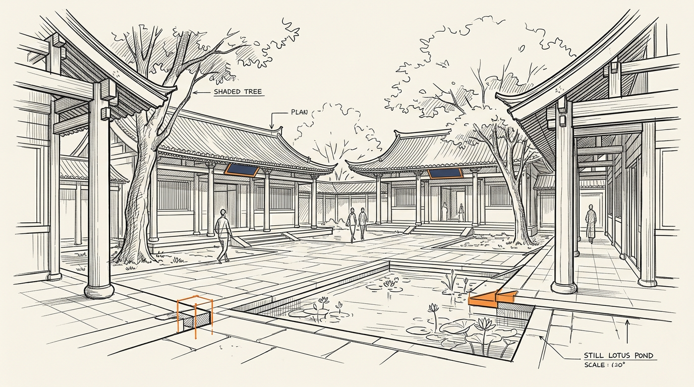 Yuelu Academy courtyard with traditional lecture halls and ponds below Yuelu Mountain