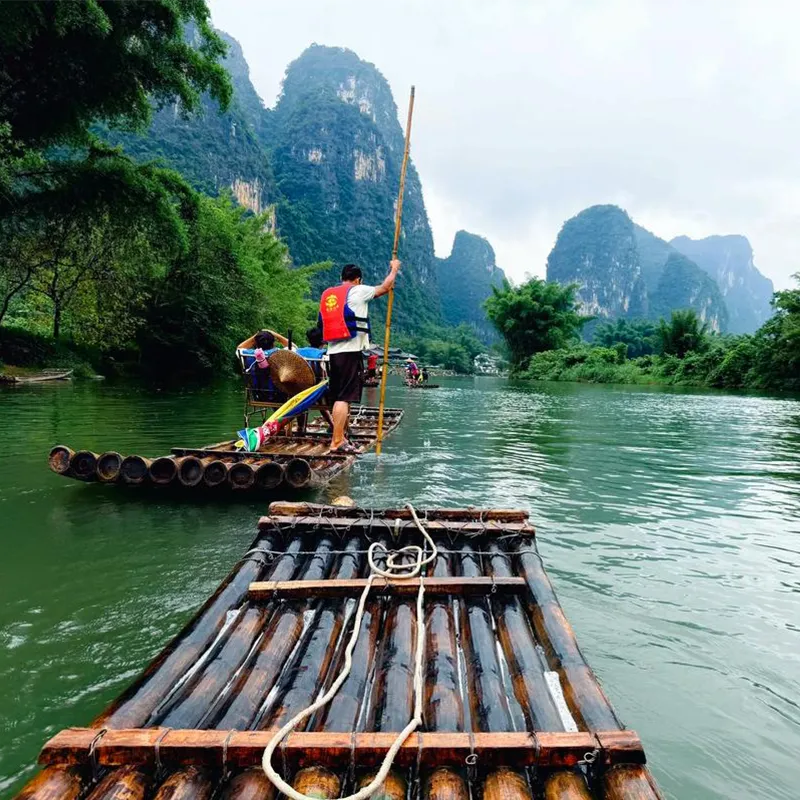 Bamboo raft drifting down the Yulong River near Yangshuo
