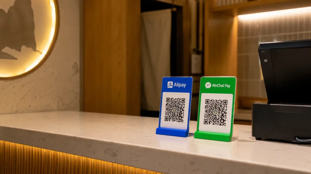 Alipay and WeChat Pay QR payment stands on a restaurant counter in China